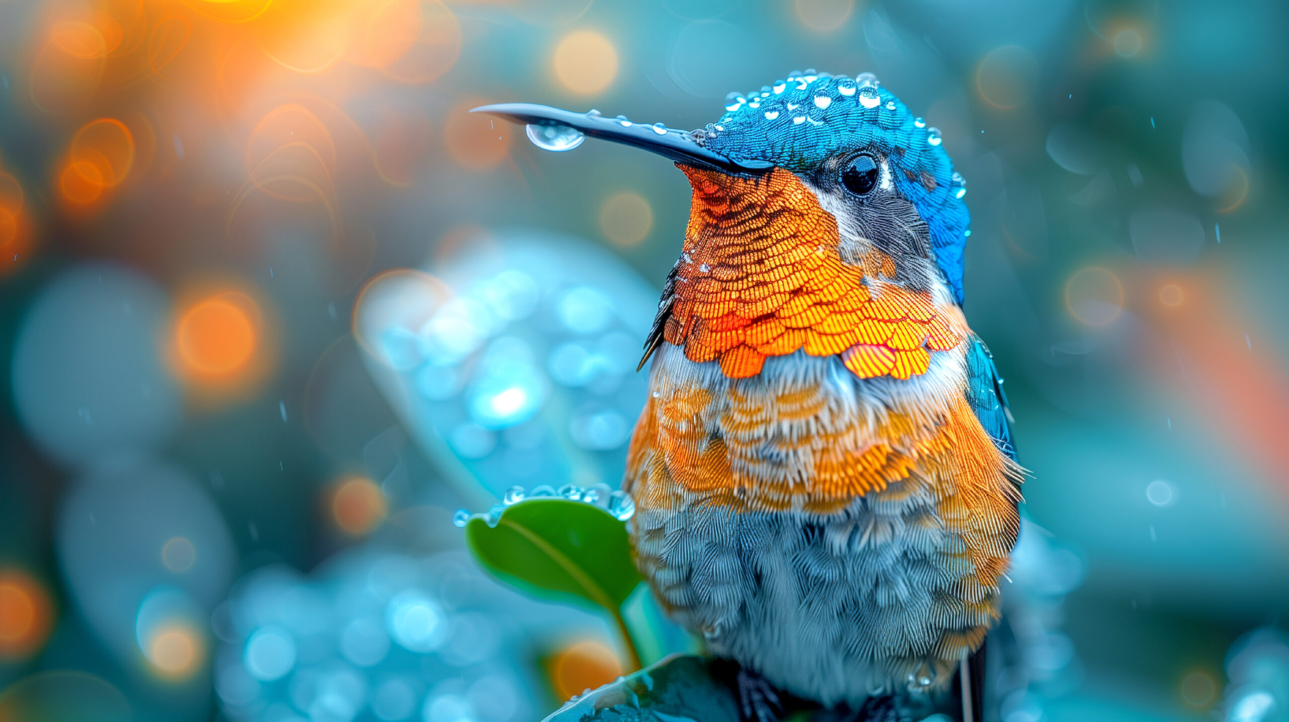 Colibri aux plumes bleues et orange, perlé de gouttes de pluie, posé sur une feuille, avec un arrière‑plan bokeh bleu et doré.